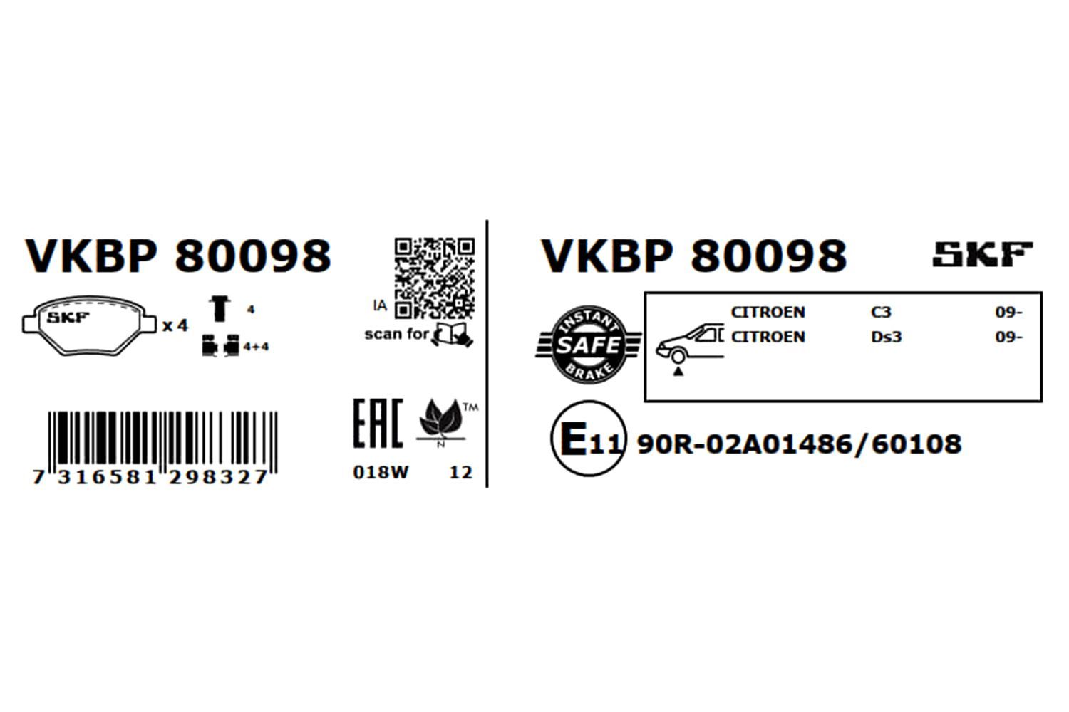 Stabdžių trinkelių rinkinys, diskinis stabdys SKF VKBP 80098
