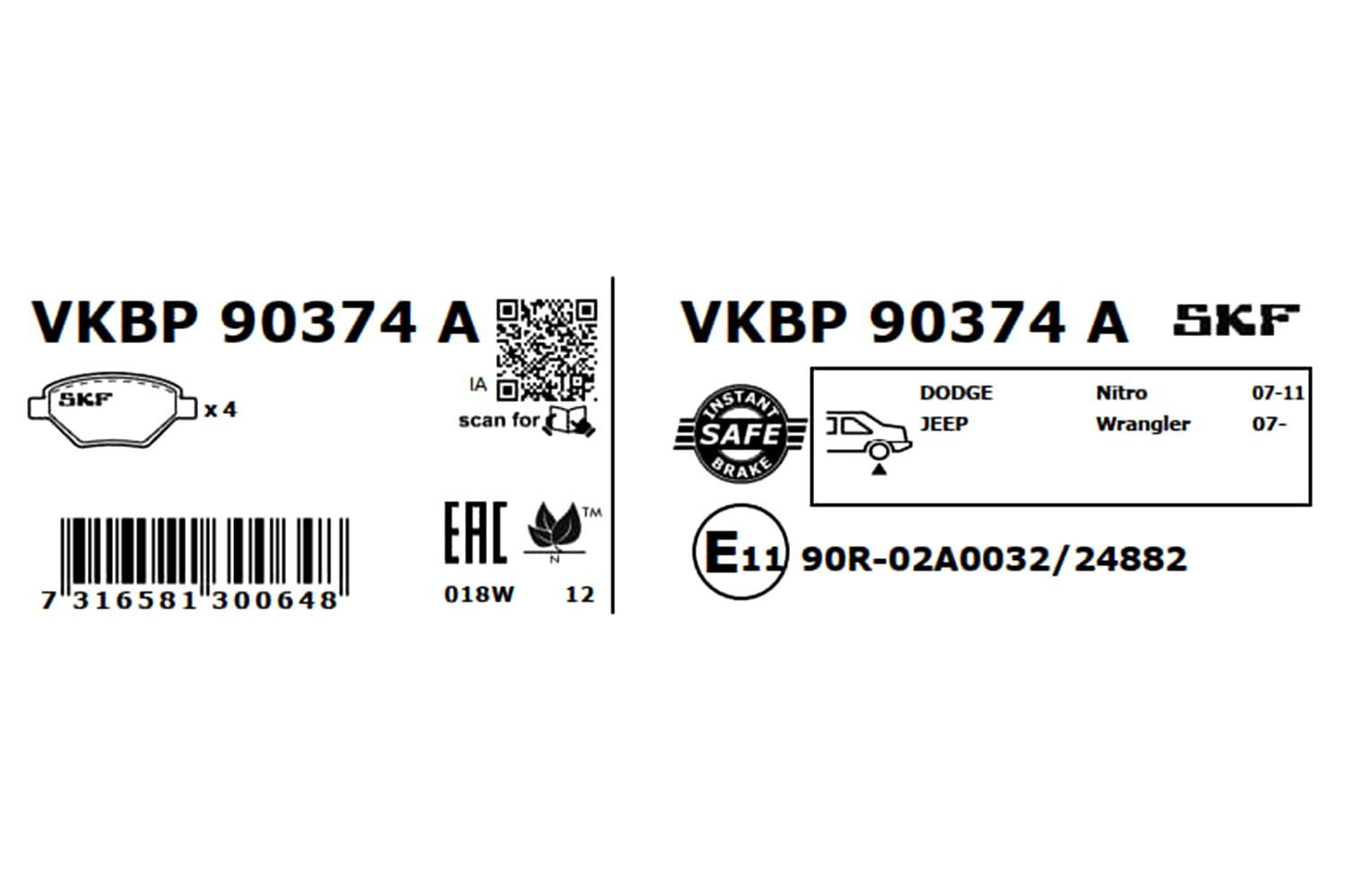 Stabdžių trinkelių rinkinys, diskinis stabdys SKF VKBP 90374 A