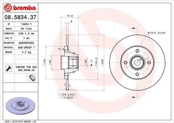 Stabdžių diskas BREMBO 08.5834.37