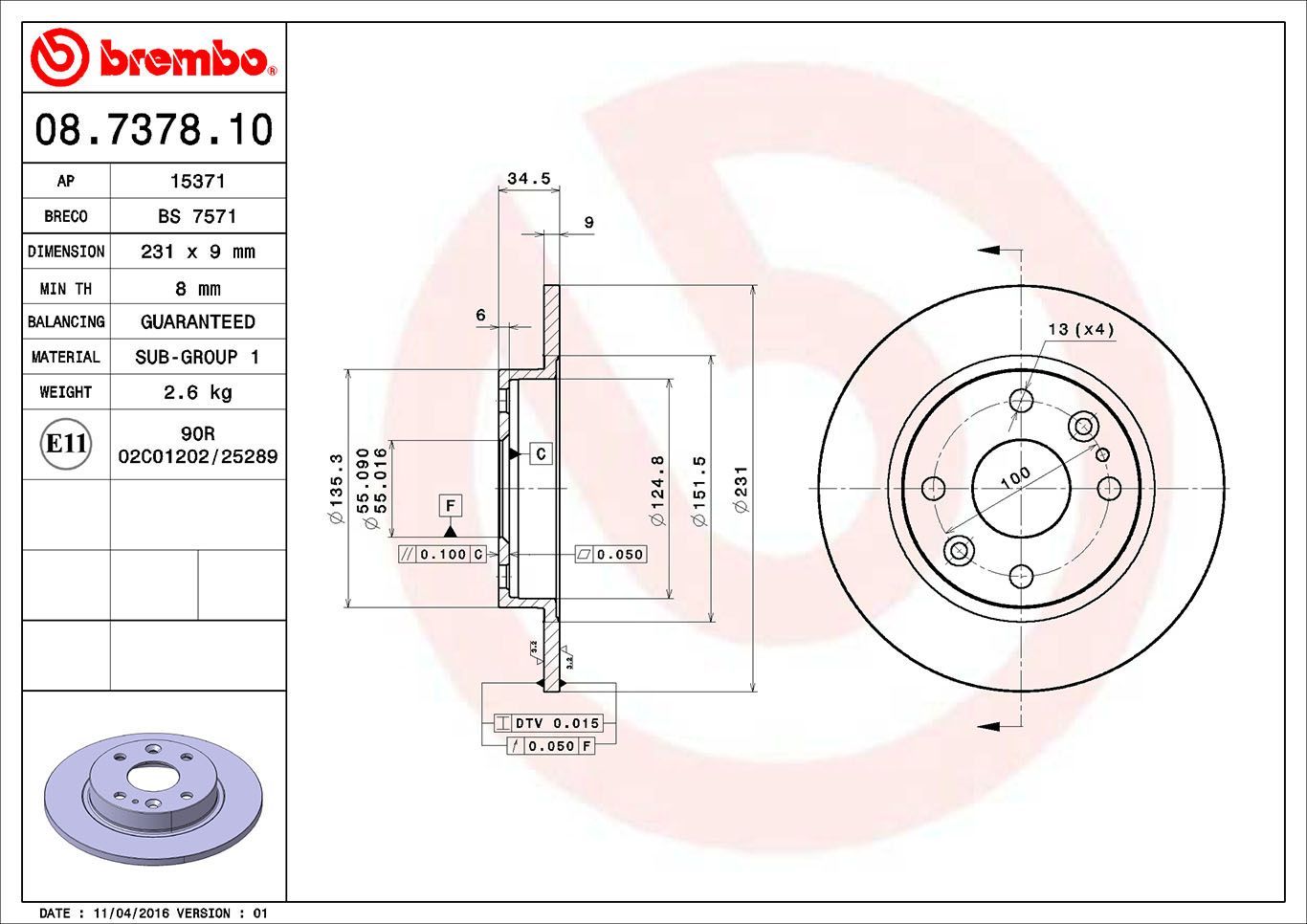 Stabdžių diskas BREMBO 08.7378.10