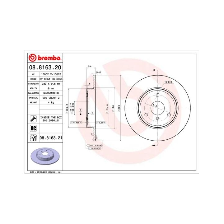 Stabdžių diskas BREMBO 08.8163.20