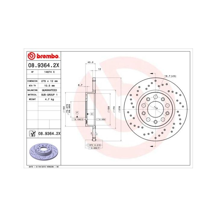 Stabdžių diskas BREMBO 08.9364.2X