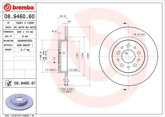 Stabdžių diskas BREMBO 08.9460.61