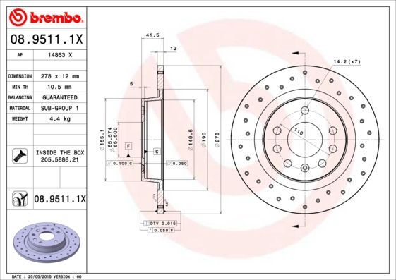 Stabdžių diskas BREMBO 08.9511.1X
