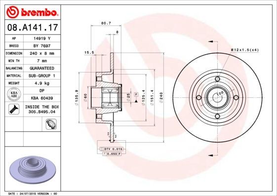 Stabdžių diskas BREMBO 08.A141.17
