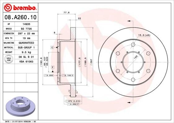 Stabdžių diskas BREMBO 08.A260.10