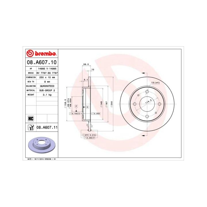 Stabdžių diskas BREMBO 08.A607.11