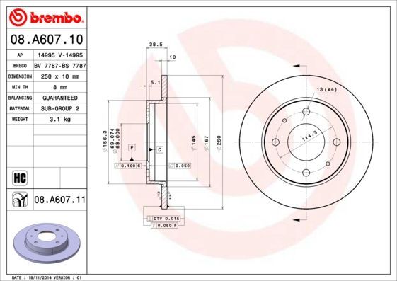 Stabdžių diskas BREMBO 08.A607.11
