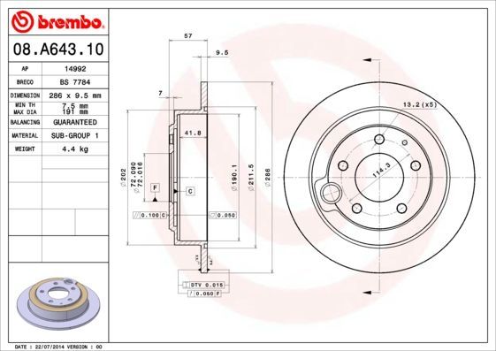 Stabdžių diskas BREMBO 08.A643.10