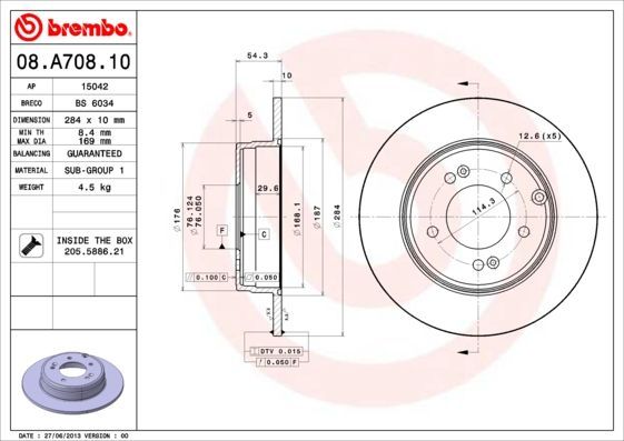 Stabdžių diskas BREMBO 08.A708.10
