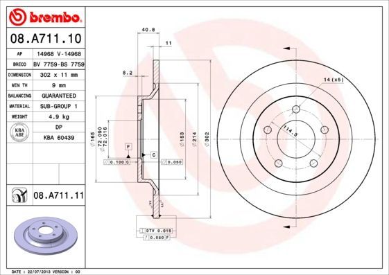 Stabdžių diskas BREMBO 08.A711.10