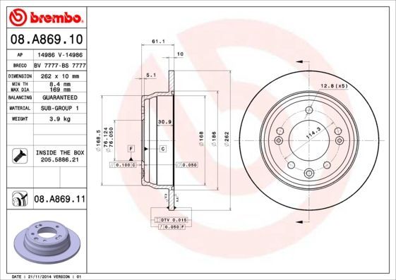Stabdžių diskas BREMBO 08.A869.10