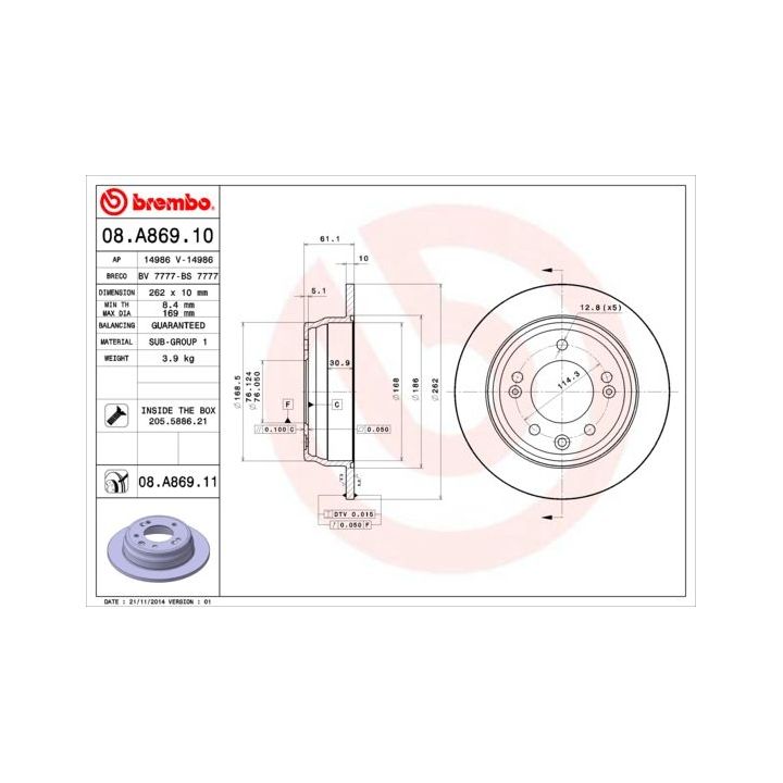 Stabdžių diskas BREMBO 08.A869.11