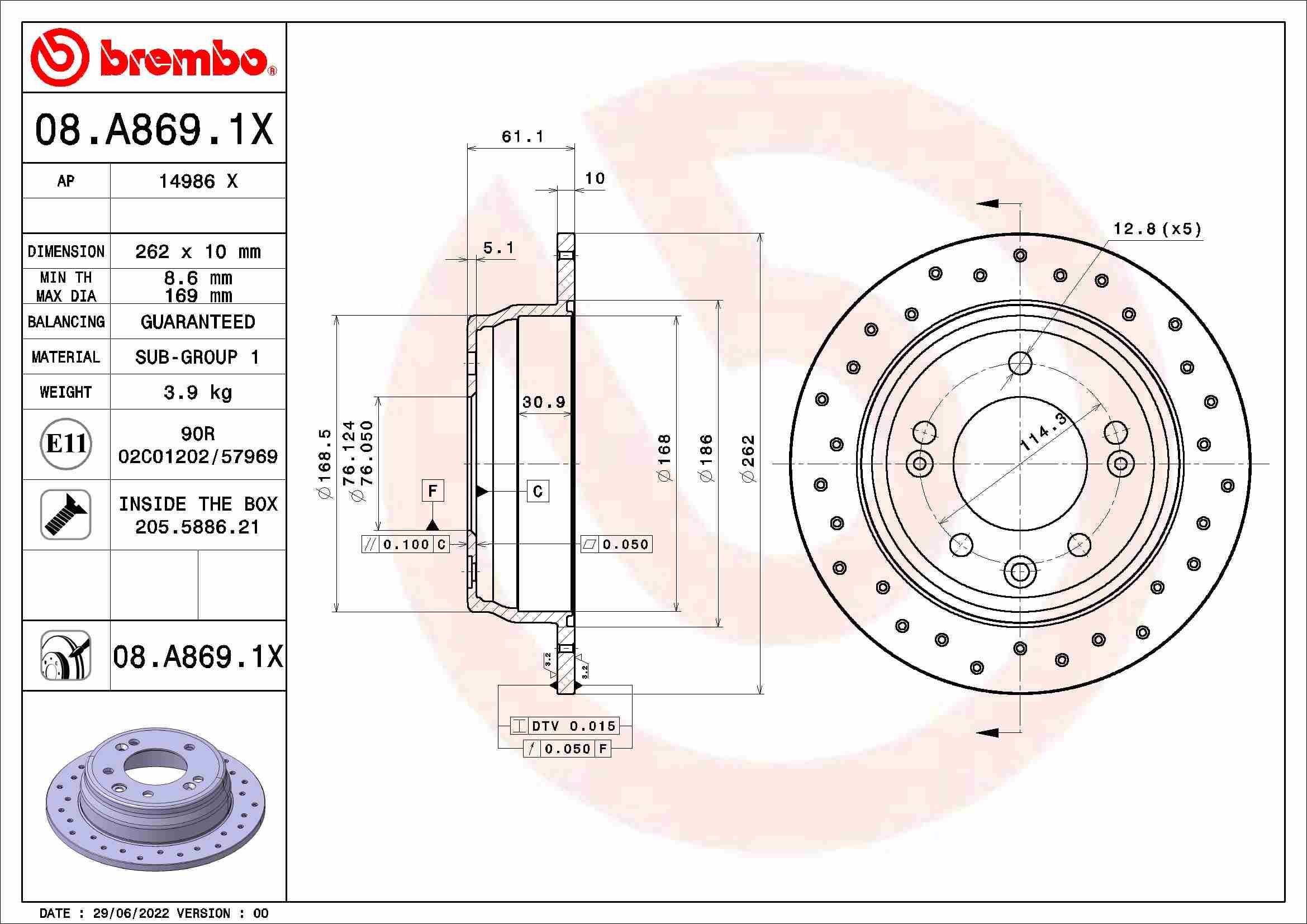 Stabdžių diskas BREMBO 08.A869.1X