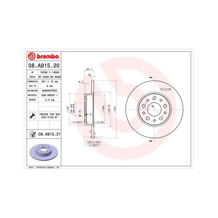 Stabdžių diskas BREMBO 08.A915.20