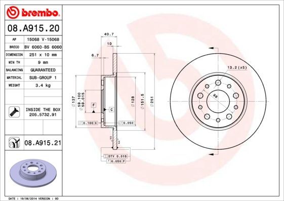 Stabdžių diskas BREMBO 08.A915.21