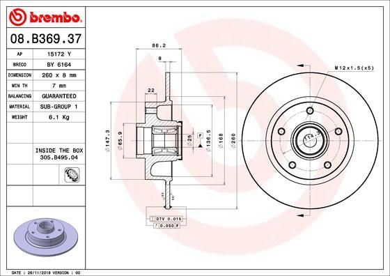 Stabdžių diskas BREMBO 08.B369.37