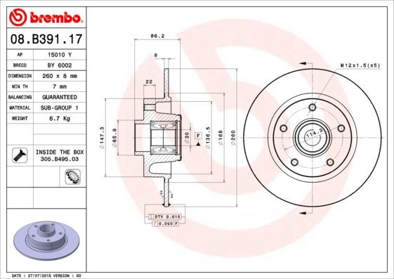 Stabdžių diskas BREMBO 08.B391.17