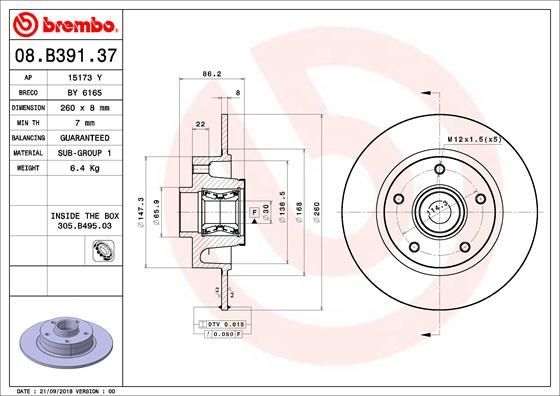 Stabdžių diskas BREMBO 08.B391.37