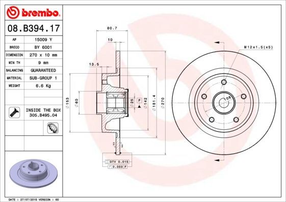 Stabdžių diskas BREMBO 08.B394.17