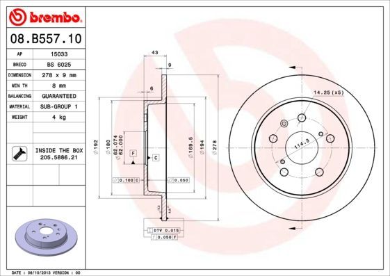 Stabdžių diskas BREMBO 08.B557.10