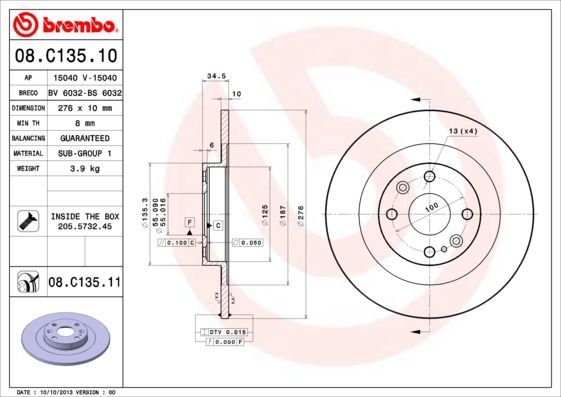 Stabdžių diskas BREMBO 08.C135.10