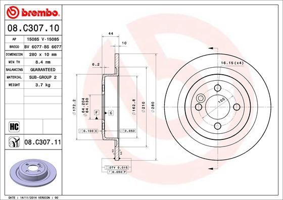 Stabdžių diskas BREMBO 08.C307.11