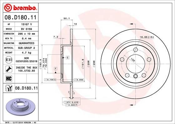 Stabdžių diskas BREMBO 08.D180.11