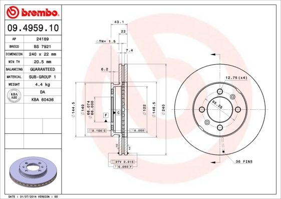 Stabdžių diskas BREMBO 09.4959.10