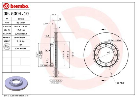 Stabdžių diskas BREMBO 09.5004.10