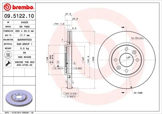 Stabdžių diskas BREMBO 09.5122.10