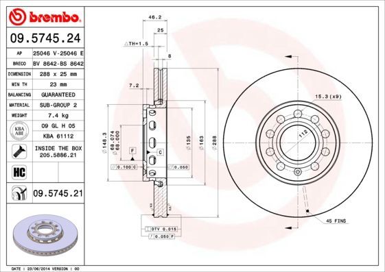 Stabdžių diskas BREMBO 09.5745.24