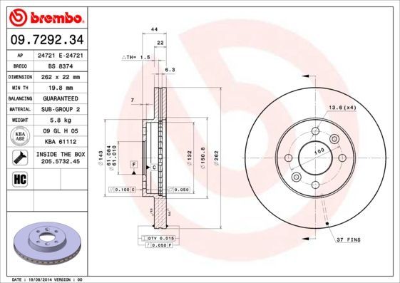 Stabdžių diskas BREMBO 09.7292.34