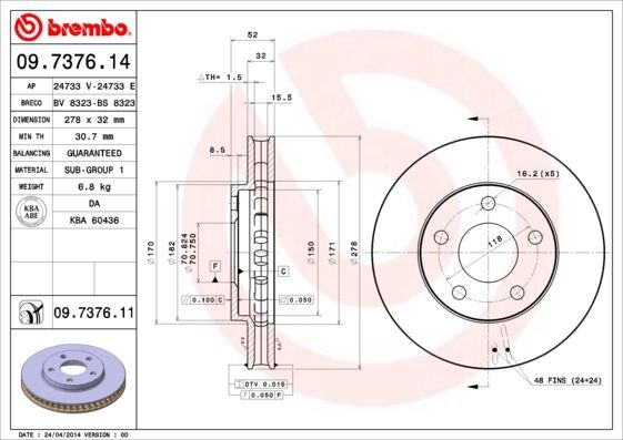 Stabdžių diskas BREMBO 09.7376.14