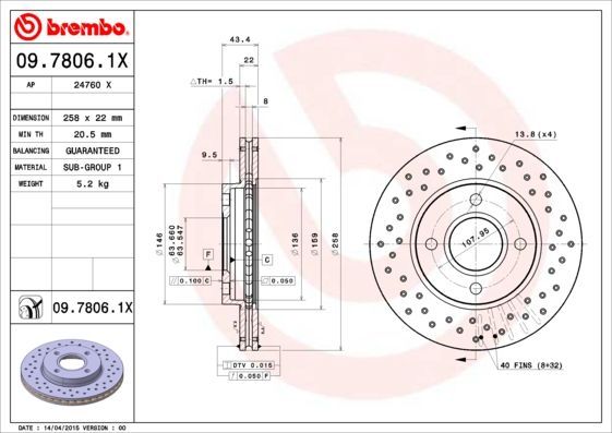 Stabdžių diskas BREMBO 09.7806.1X