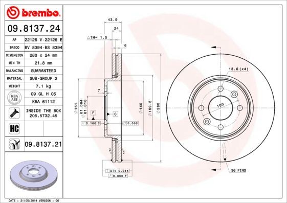 Stabdžių diskas BREMBO 09.8137.24