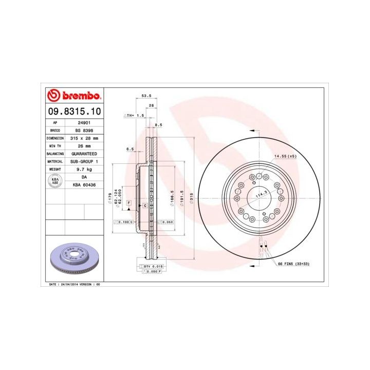 Stabdžių diskas BREMBO 09.8315.10