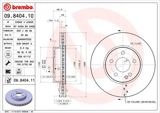 Stabdžių diskas BREMBO 09.8404.10