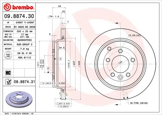 Stabdžių diskas BREMBO 09.8874.30