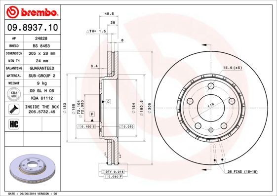 Stabdžių diskas BREMBO 09.8937.10