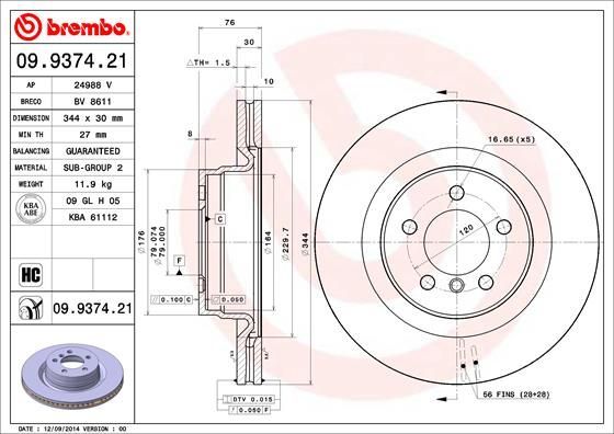 Stabdžių diskas BREMBO 09.9374.21