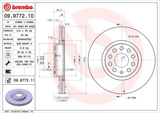 Stabdžių diskas BREMBO 09.9772.10