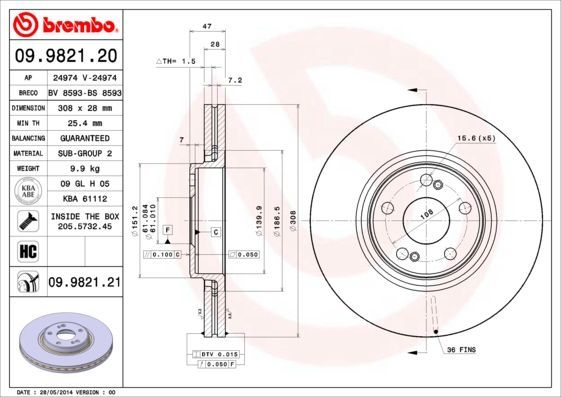 Stabdžių diskas BREMBO 09.9821.21