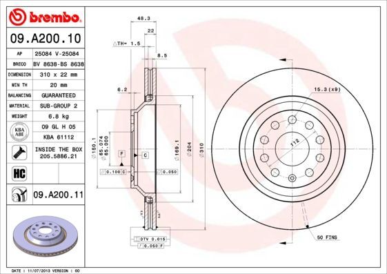 Stabdžių diskas BREMBO 09.A200.10