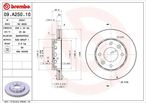 Stabdžių diskas BREMBO 09.A250.10