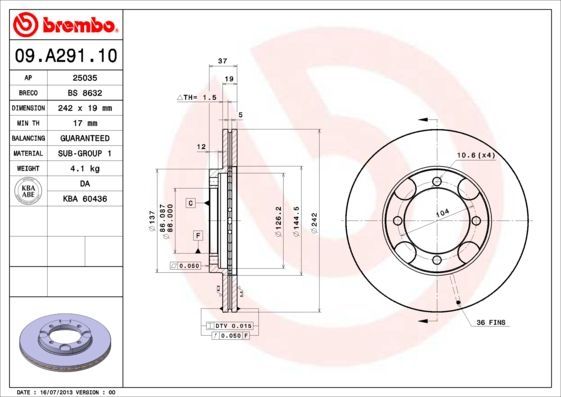 Stabdžių diskas BREMBO 09.A291.10