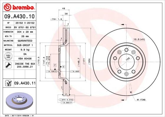 Stabdžių diskas BREMBO 09.A430.10