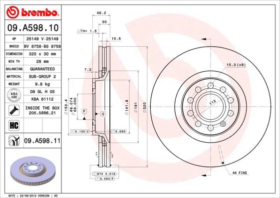 Stabdžių diskas BREMBO 09.A598.11