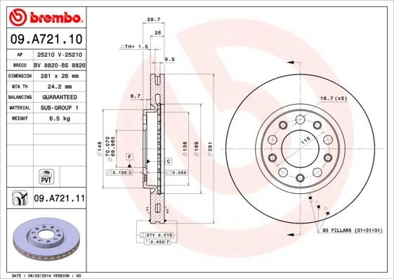 Stabdžių diskas BREMBO 09.A721.10