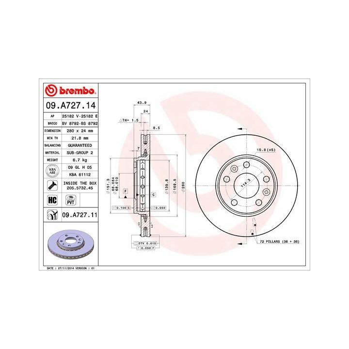 Stabdžių diskas BREMBO 09.A727.14